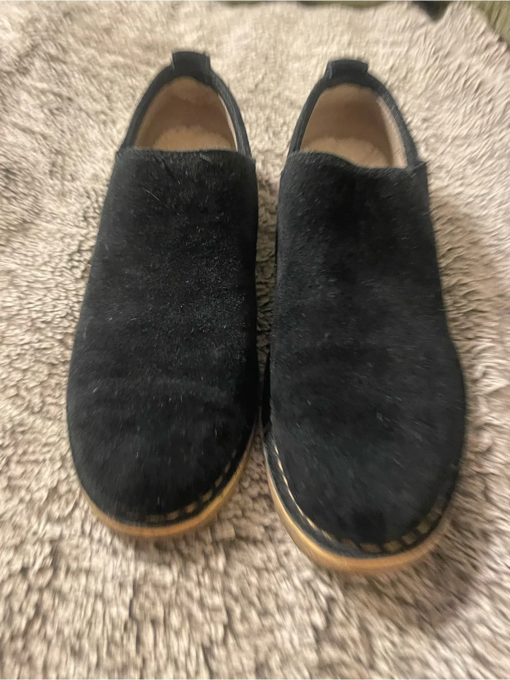 UGG Black Suede Slip-On Loafers with Tan Contrast Sole